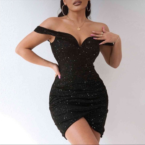 Black sequins and sparkle off the shoulder mini dress MEDIUM - Picture 1 of 1